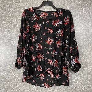 Gibson Black & Red Floral Twist Front Tunic Length Top - Size Large - 3/4 Sleeve